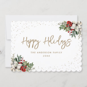 Tarjeta Festiva Holly Berries White Poinsettia Elegante