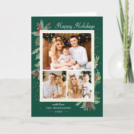 Tarjeta Festiva Holly Berries Xmas Green Happy Holidays 3 Photo