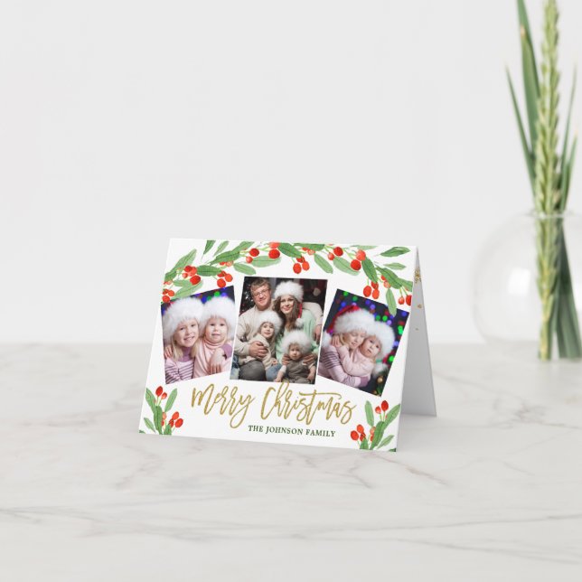 Tarjeta Festiva Holly Berry 4 Navidades de FOTO Holder Holder (Anverso)