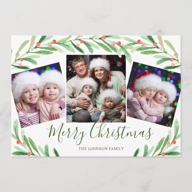 Tarjeta Festiva Holly Berry Branch 3 Navidades FOTOGRÁFICOS Saludo (Anverso)