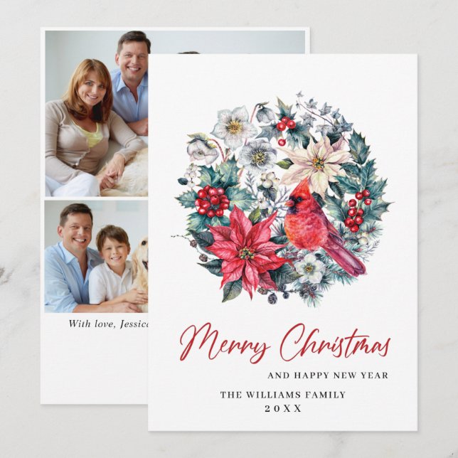 Tarjeta Festiva Holly Berry Cardinal Navidades 3 saludo FOTO (Anverso / Reverso)