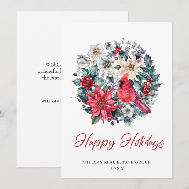 Tarjeta Festiva Holly Berry Cardinal Navidades Saludo Corporativo (Anverso / Reverso)