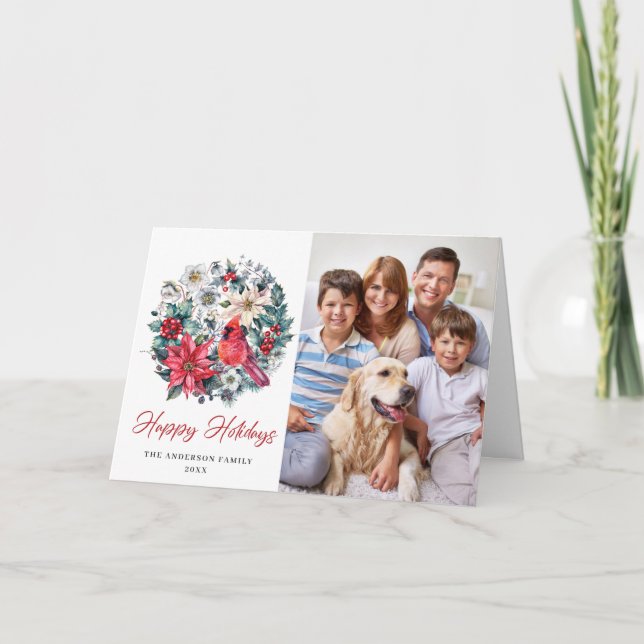 Tarjeta Festiva Holly Berry Cardinal Navidades Saludo Corporativo (Anverso)