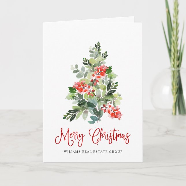 Tarjeta Festiva Holly Berry Christmas Tree Corporate Greeting (Anverso)