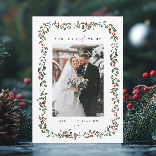 Tarjeta Festiva Holly Berry Frame Married & Merry Photo (Subido por el creador)