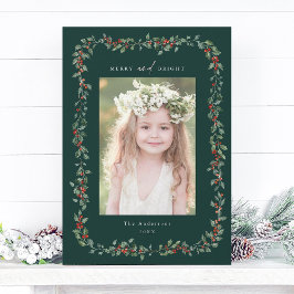 Tarjeta Festiva Holly Berry Frame Merry & Bright Photo Green