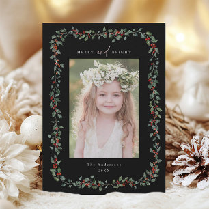 Tarjeta Festiva Holly Berry Frame Merry y Bright Photo Black