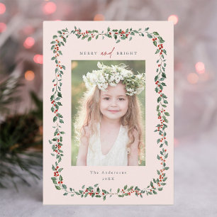 Tarjeta Festiva Holly Berry Frame Merry y Bright Photo Rubor Pink