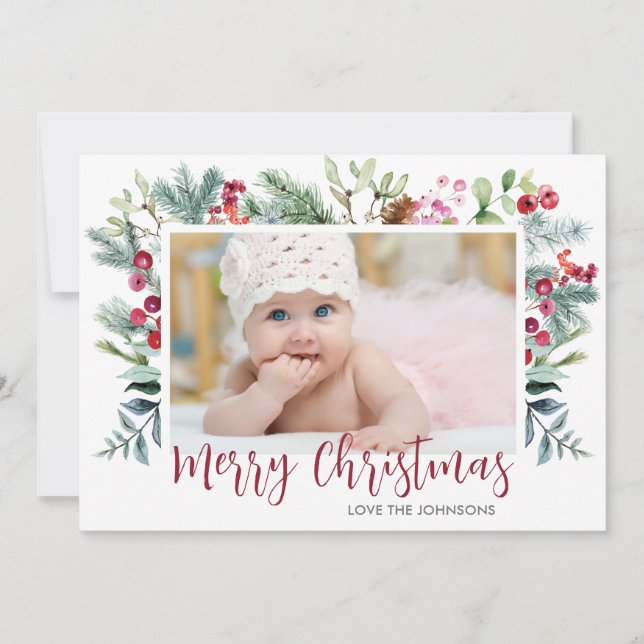 Tarjeta Festiva Holly Berry Greenery Merry Christmas Photo (Anverso)