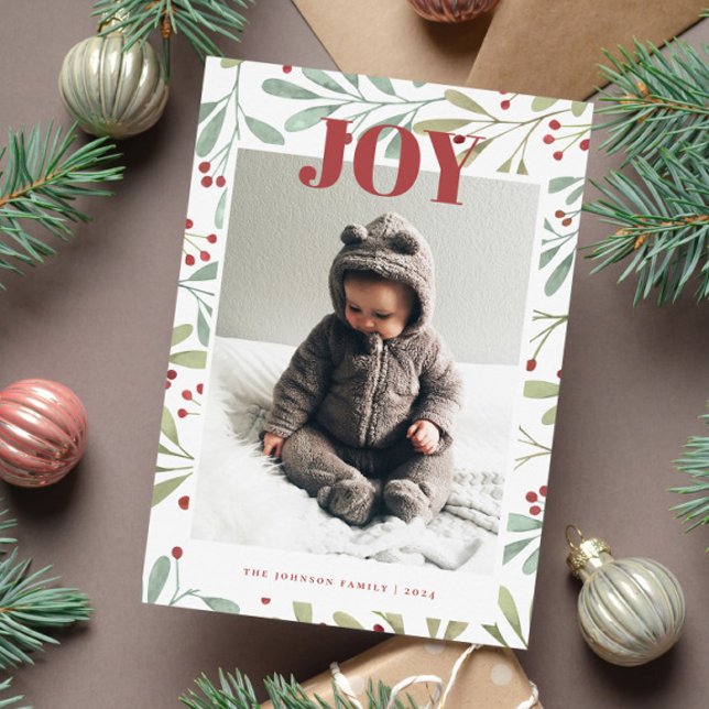 Tarjeta Festiva Holly Berry JOY Christmas Photo Card (Subido por el creador)