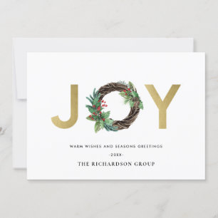 TARJETA FESTIVA HOLLY BERRY JOY GOLD WREATH CHRISTMAS CORPORATE