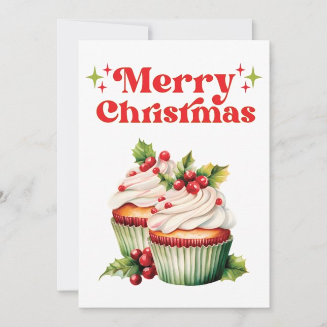 Tarjeta Festiva Holly Berry Navidades Cupcake (Anverso)