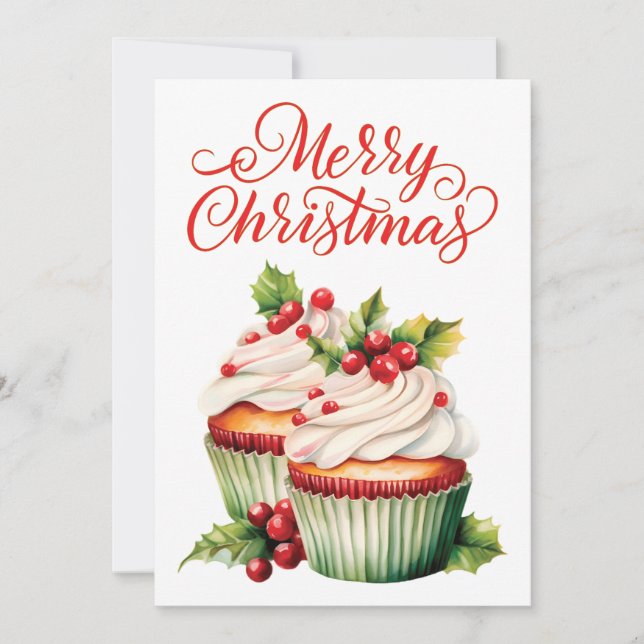 Tarjeta Festiva Holly Berry Navidades Cupcake (Anverso)