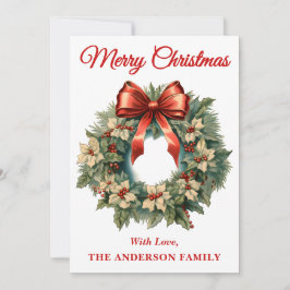 Tarjeta Festiva Holly Berry Navidades de guerra con arco rojo