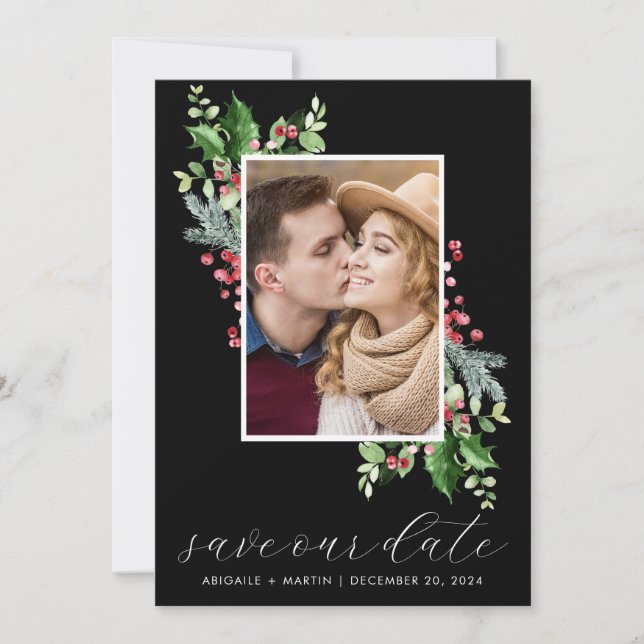 Tarjeta Festiva Holly Berry Photo Save The Date (Anverso)