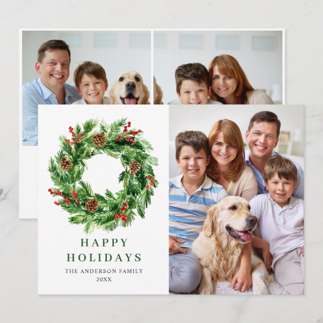 Tarjeta Festiva Holly Berry Pine Cones Navidades escribieron 3 FOT (Anverso / Reverso)