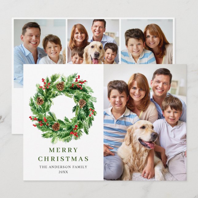 Tarjeta Festiva Holly Berry Pine Cones Navidades escribieron 4 FOT (Anverso / Reverso)