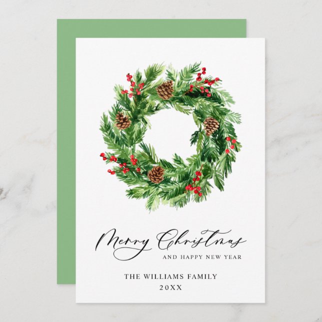 Tarjeta Festiva Holly Berry Pine Cones Navidades Wreath (Anverso / Reverso)