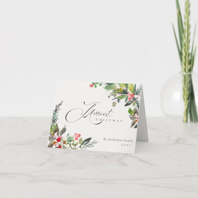 Tarjeta Festiva Holly Berry Pine Red Green Merriest Navidades (Anverso)