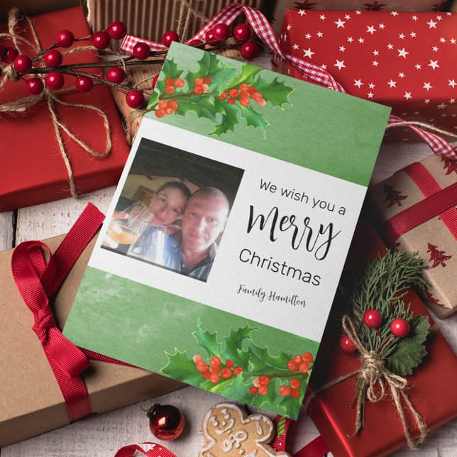 Tarjeta Festiva Holly Branches Merry Christmas Flat (Subido por el creador)