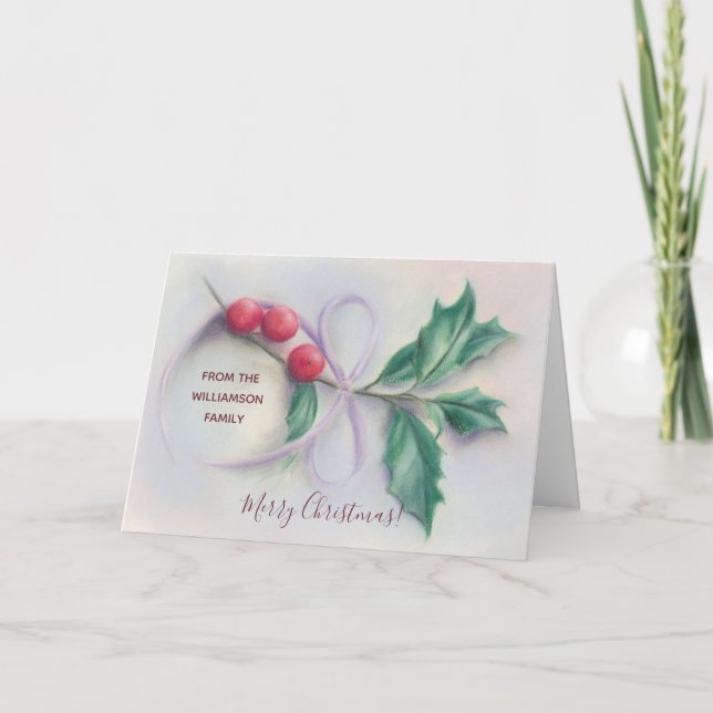 Tarjeta Festiva Holly con Navidades personalizados de Bow Pastel (Anverso)