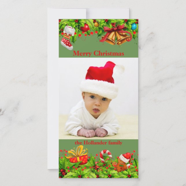 Tarjeta Festiva Holly decorada con Navidades de fotografía (Anverso)