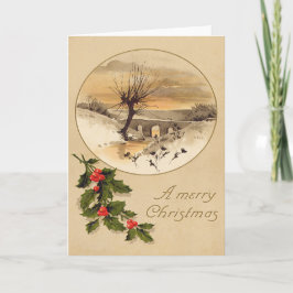 Tarjeta Festiva Holly, escena de invierno de nieve puente