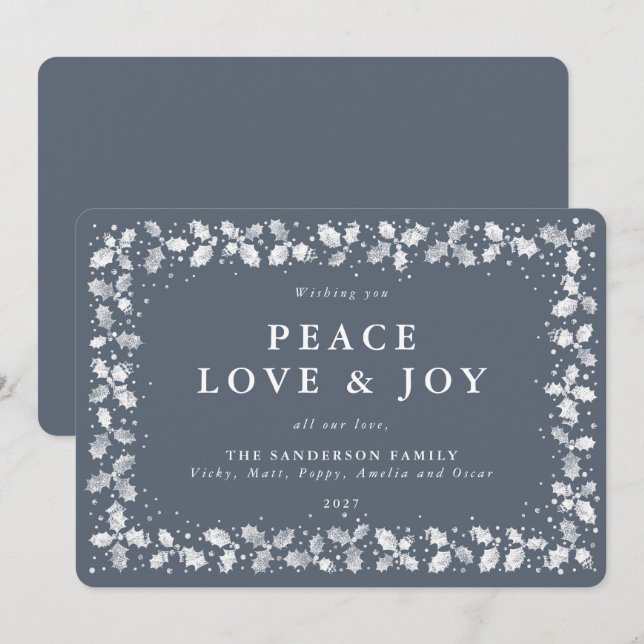 Tarjeta Festiva Holly gris azul oscuro + bayas plano no foto (Anverso / Reverso)