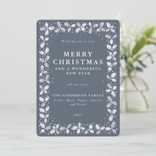 Tarjeta Festiva Holly gris azul oscuro + berry borde plano no foto (Anverso de pie)