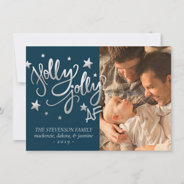 Tarjeta Festiva Holly Jolly AF | Foto de Relieve metalizado de imi (Anverso)