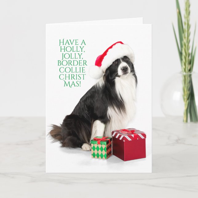 Tarjeta Festiva Holly Jolly Border Collie Navidades con regalos (Anverso)