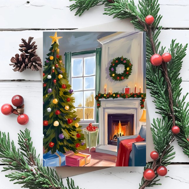 Tarjeta Festiva Holly Jolly Christmas | Fireplace Tree Merry (Subido por el creador)