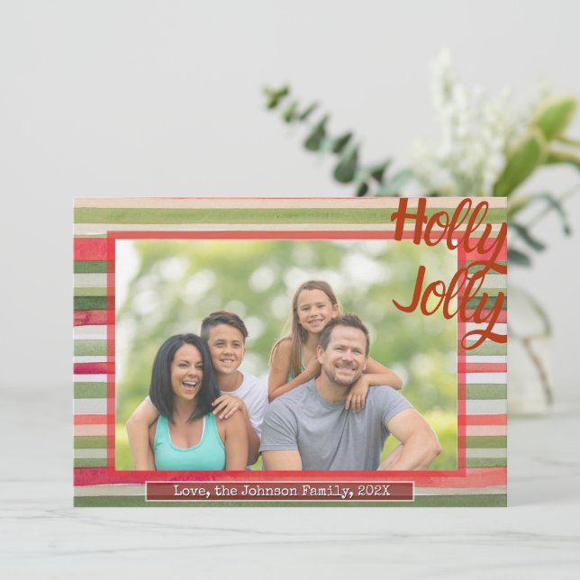 Tarjeta Festiva Holly Jolly Christmas Photo Card Festive Stripes (Anverso de pie)