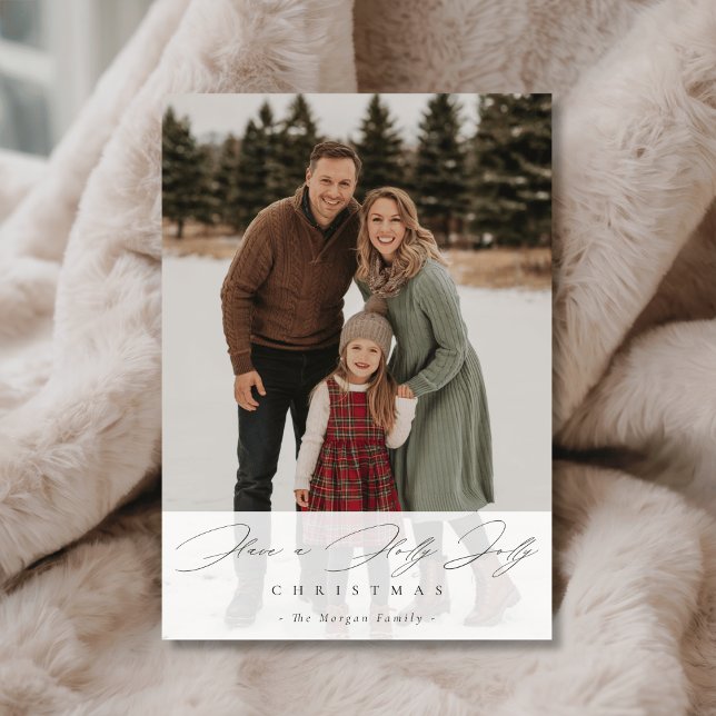 Tarjeta Festiva Holly Jolly Christmas Script Snowy Family Photo (Subido por el creador)