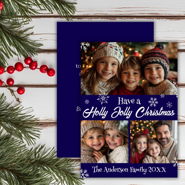 Tarjeta Festiva Holly Jolly Classic, Navidades azules y blancos. F (Holly Jolly Classic Blue And White Christmas Photo Holiday Card)
