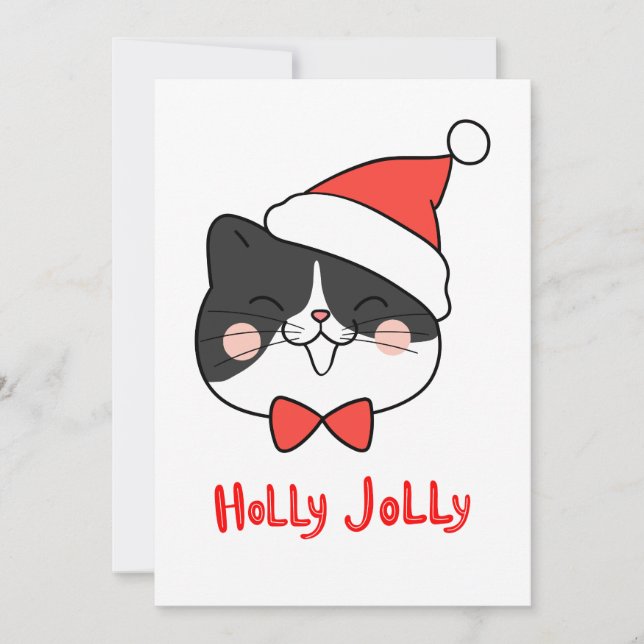 Tarjeta Festiva Holly Jolly Cute Kawaii Cat (Anverso)