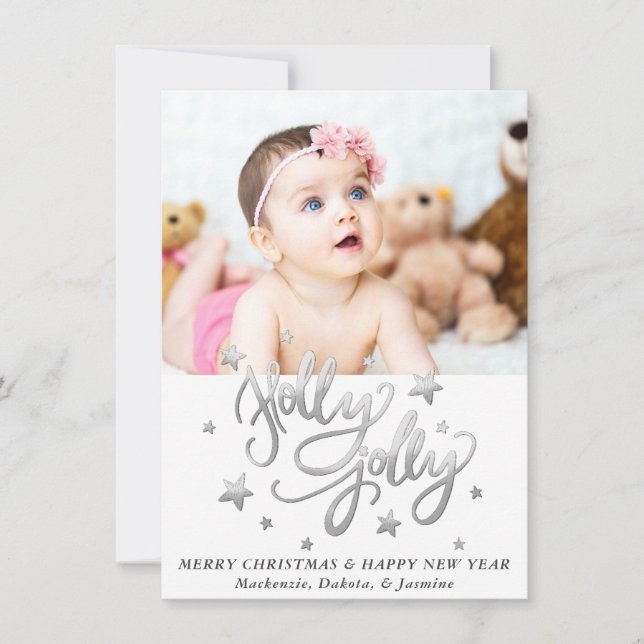 Tarjeta Festiva Holly Jolly | Elegante foto de Relieve metalizado  (Anverso)