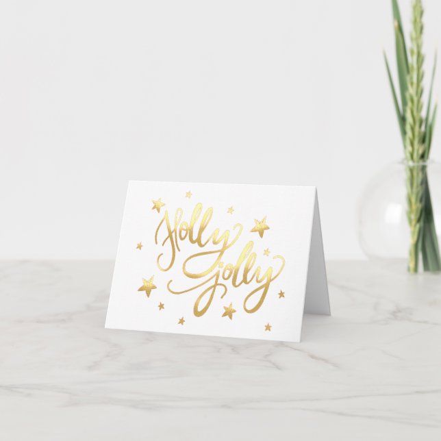 Tarjeta Festiva Holly Jolly | Elegante guión de Relieve metalizado (Anverso)