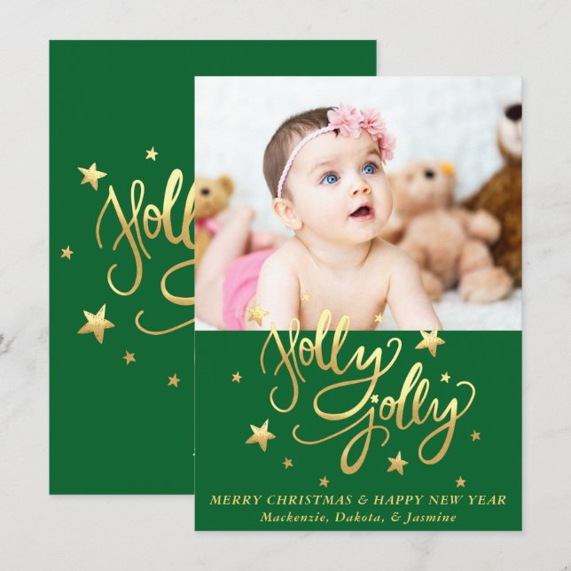 Tarjeta Festiva Holly Jolly | Elegante Relieve metalizado de Faux  (Anverso / Reverso)