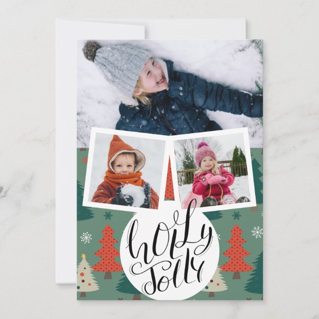 Tarjeta Festiva Holly Jolly Fun Script Navidades Pine Tree Photo (Anverso)