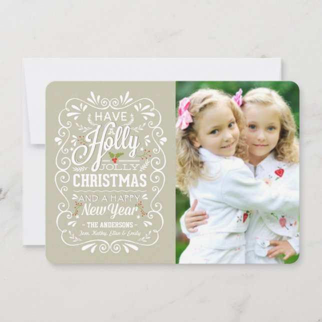 Tarjeta Festiva Holly Jolly Greige y White Christmas Photo Card (Anverso)