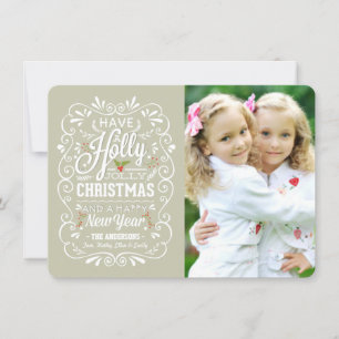 Tarjeta Festiva Holly Jolly Greige y White Christmas Photo Card