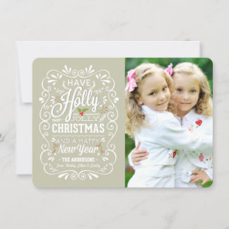 Tarjeta Festiva Holly Jolly Greige y White Christmas Photo Card