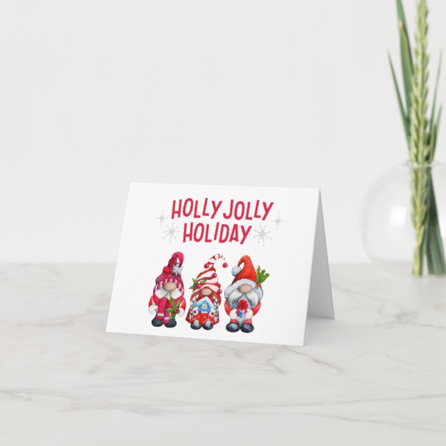 Tarjeta Festiva Holly Jolly Holiday Gnomes (Anverso)