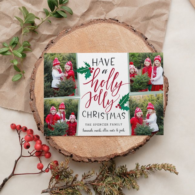 Tarjeta Festiva Holly Jolly | Holiday Photo Collage Card (Subido por el creador)