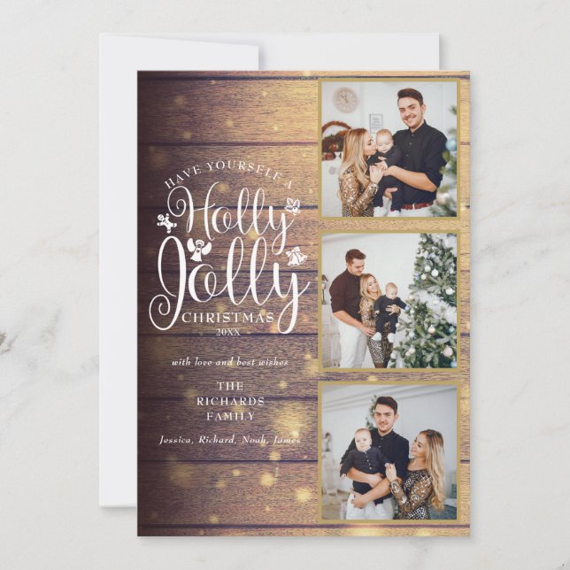 Tarjeta Festiva Holly Jolly Madera Rústica 3 Collage de Fotos (Anverso)