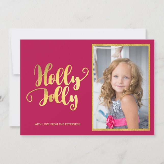 Tarjeta Festiva Holly Jolly magenta guión de la caligrafía de oro (Anverso)