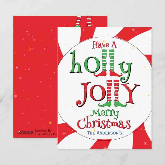 Tarjeta Festiva Holly Jolly Merry Christmas Cute Glam Elf (Anverso / Reverso)