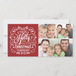 Tarjeta Festiva Holly Jolly Navidades Chalkboard 3-Collage de foto<br><div class="desc">Festividades y folclóricos Navidades estilo pizarra rizado Festividades Festividades Fotomontología de las tarjetas planas de moda. El marco de la pizarra es magnífico, con tipografía de arte de tiza blanca sobre un fondo rojo alegre y una mezcla retro de estilos con letras a mano, decorados con foliage helado y bayas...</div>