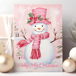 Tarjeta Festiva Holly Jolly Navidades cuestan a Snowman rosado